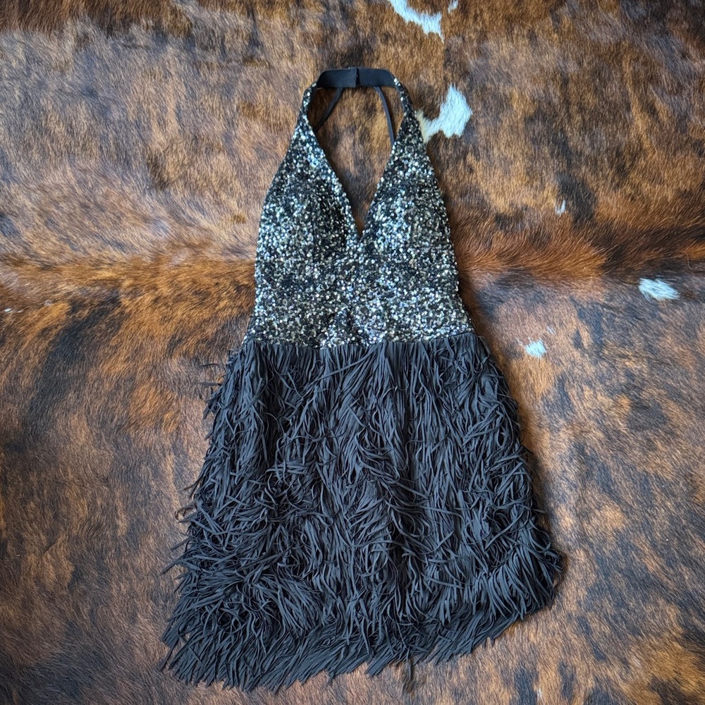 Dress the Population Sequin Halter Mini Dress - Silver and Black